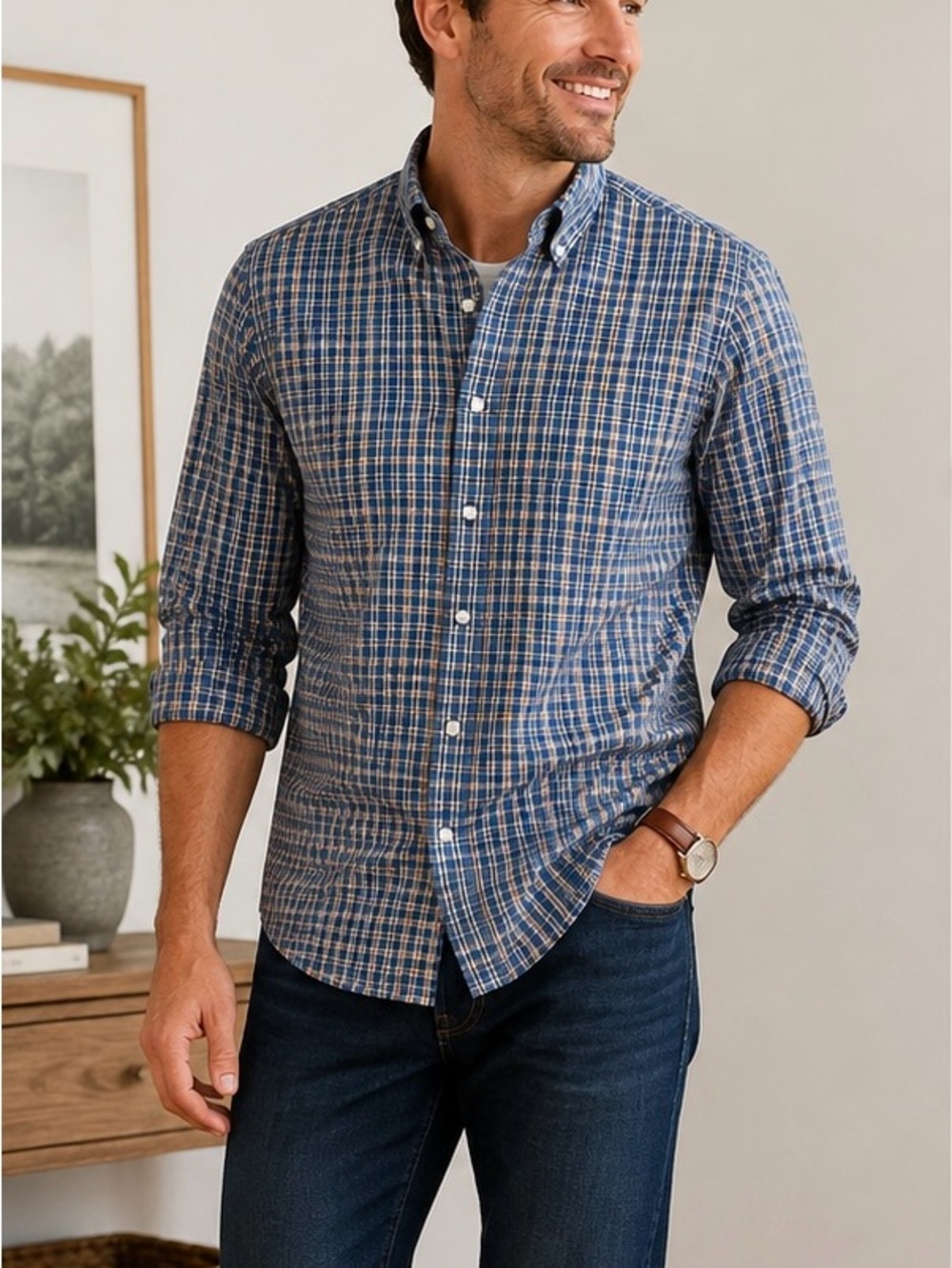 J.Crew Men’s Medium Slim Flex Washed Plaid Button Down Shirt Blue